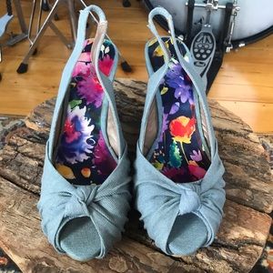 Denim peep toe wedges